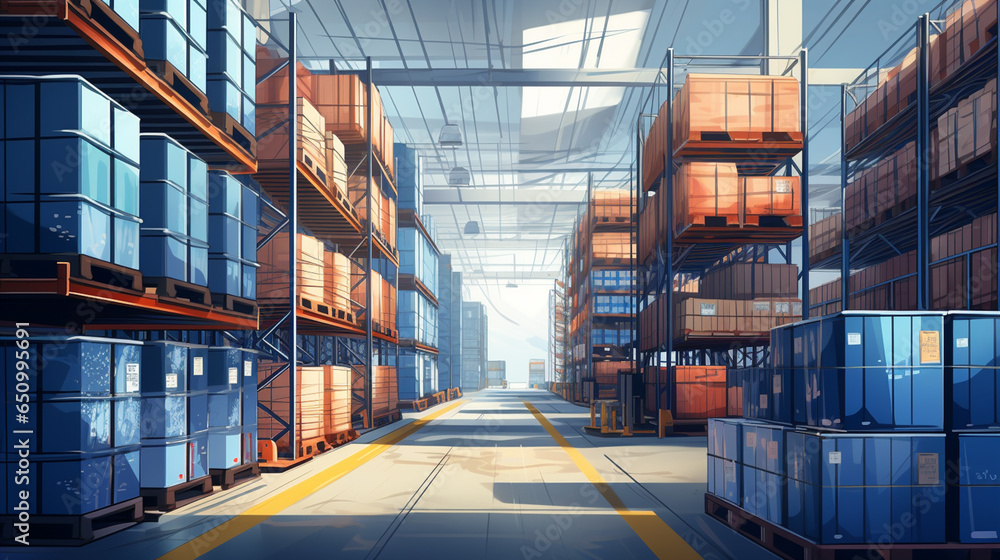 Fototapeta premium warehouse interior with shelves, pallets and boxes
