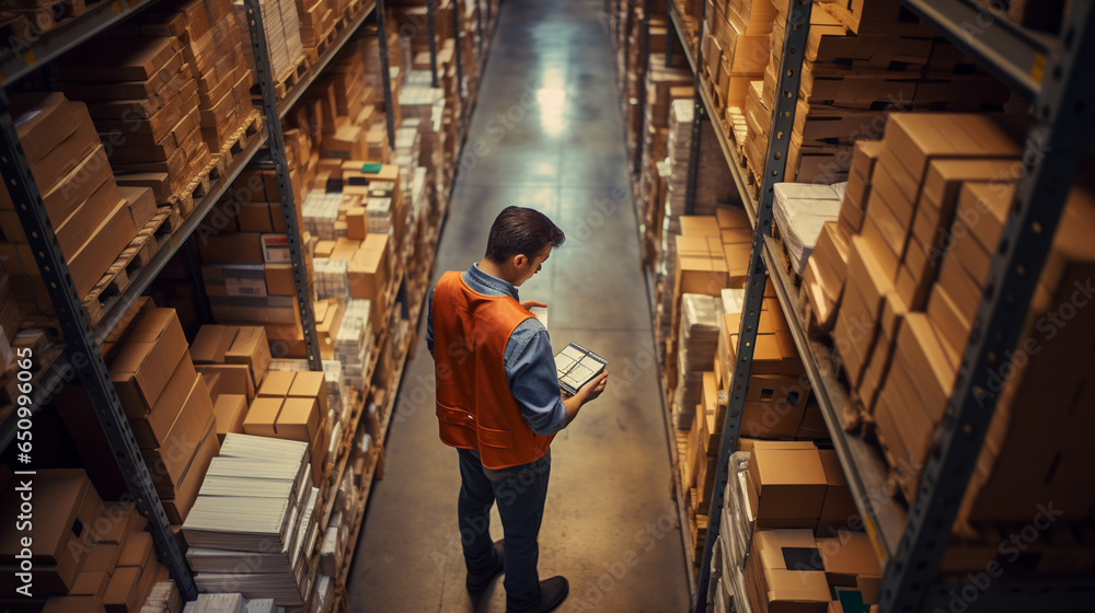 Huge distribution warehouse with high shelves and loaders Huge distribution warehouse with high shelves and loaders