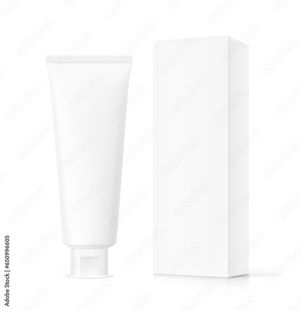 Blank plastic tube mockup with box. Vector illustration isolated on white background. Can be use for your design, advertising, promo and etc. EPS10.	