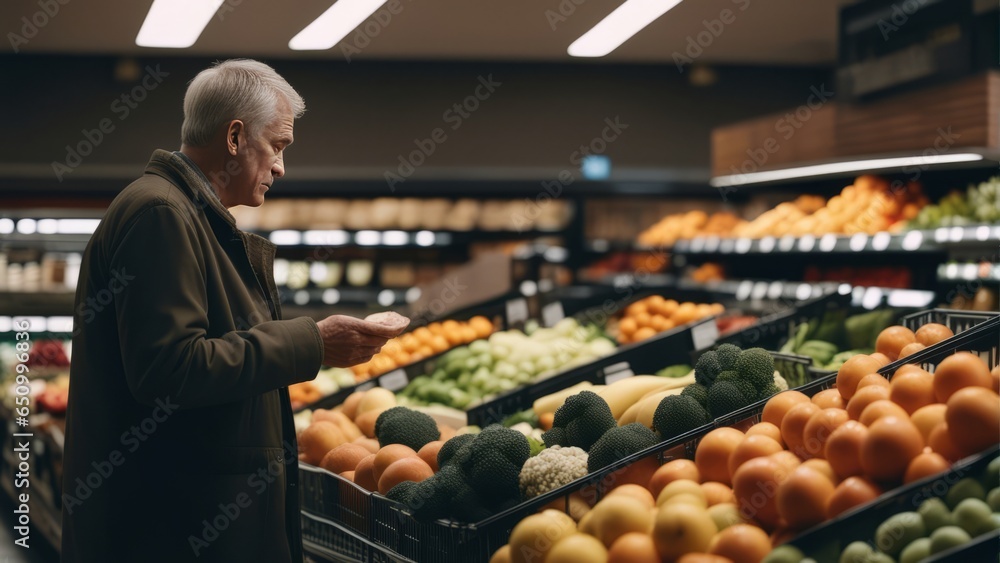 Mature man shopping in grocery store. Side view choosing fresh fruits and vegetables in supermarket