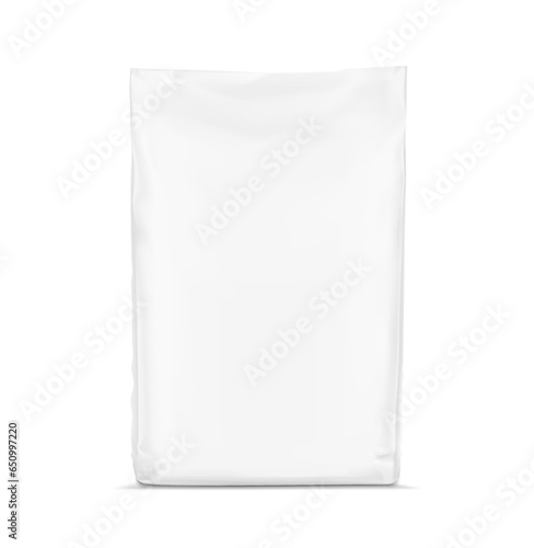 Vertical bag mockup. Flat bottom gusset bag. Front view. High realistic. Vector illustration isolated on grey background. Ready for use in presentation, promo, advertising and more. EPS10.