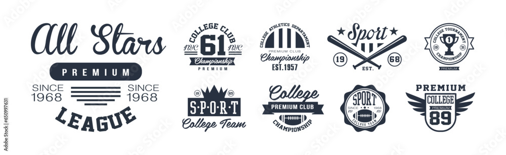 College Sport Premium Club and Tournament Emblem Vector Set College Sport Premium Club and Tournament Emblem Vector Set