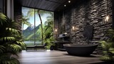 Tropical bathroom with stone walls and contemporary minimalist design overlooking a forest, generated by AI