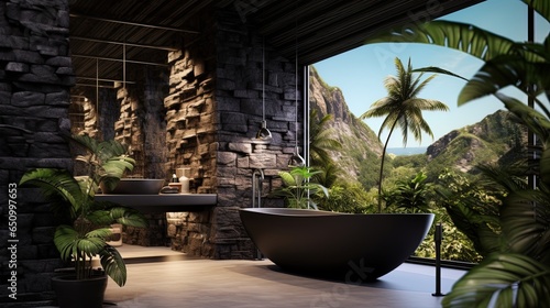 Tropical bathroom with stone walls and contemporary minimalist design overlooking a forest  generated by AI