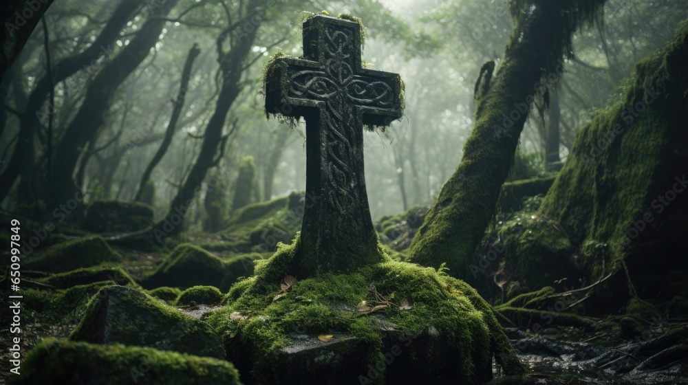 Deep inside a dark and misty forest are old forgotten and overgrown graves with cross shaped headstones covered in green moss, weather worn and eroded, mysteriously isolated graveyard hidden away.  - obrazy, fototapety, plakaty 