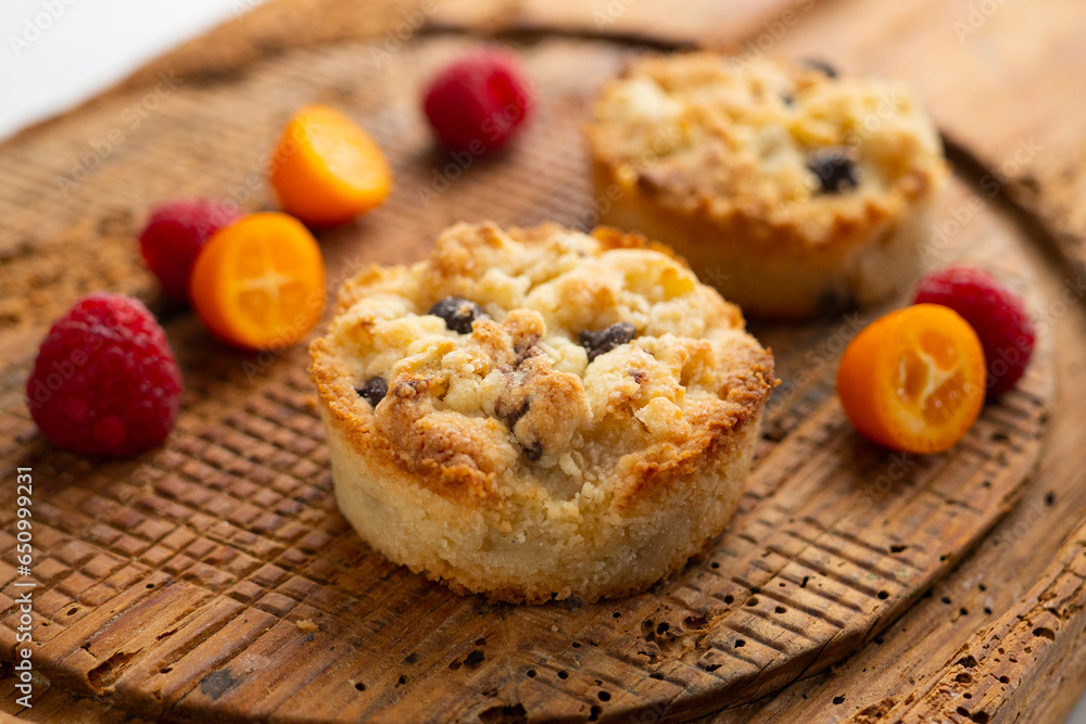 Individual crumbles filled with fruit and chocolate chips.