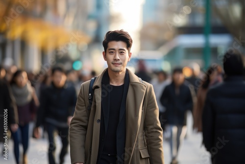 Asian Man Walking in Modern City, Handsome Asia Guy Walks on a Crowded Pedestrian Street.