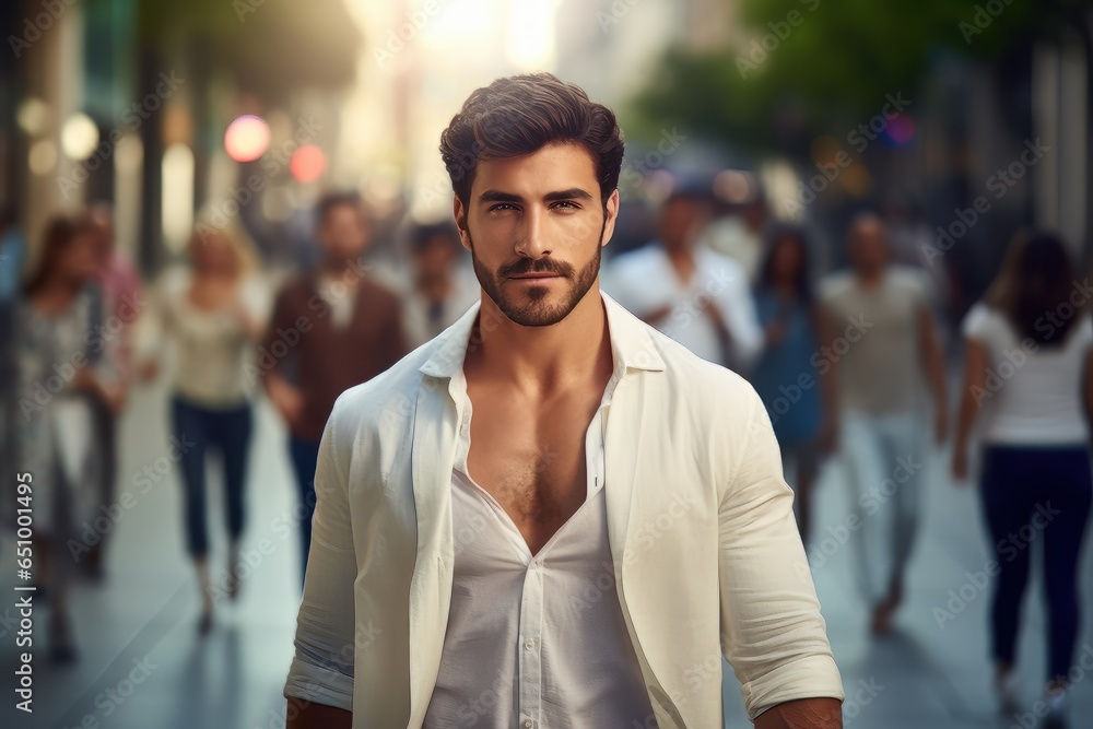 Obraz premium Stylish Latin Man Walking in Modern City, Handsome Latin Guy Walks on a Crowded Pedestrian Street.