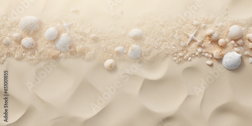 Aerial view of beautiful tropical beach with white sand and sea shells.