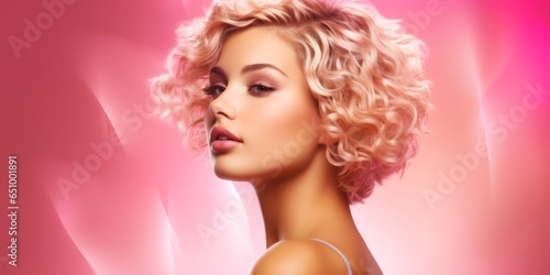 Stylishly Cute Woman with Pink Outfit and Curly Bob Hair, Captured in a Glamorous Portrait on an Isolated Pink Background, Exuding Modern Fashion and Vibrant Elegance