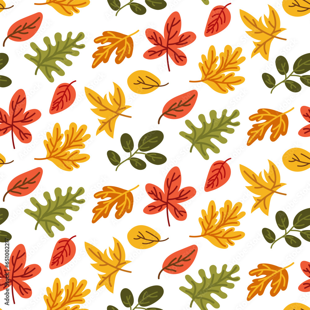 Seamless pattern with autumn leaves of various orange, green, red and yellow colors. Perfect for wallpaper, gift paper, pattern filling, web page backgrounds, autumn greeting cards. Cozy texture Seamless pattern with autumn leaves of various orange, green, red and yellow colors. Perfect for wallpaper, gift paper, pattern filling, web page backgrounds, autumn greeting cards. Cozy texture