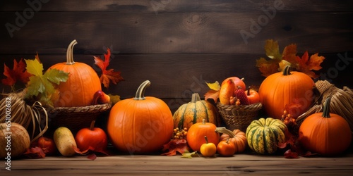 Rustic Arrangement of Pumpkins and Fall Leaves on a Wooden Background with Abundant Copy Space  Celebrating the Warmth and Beauty of Autumn in a Charming Seasonal Display