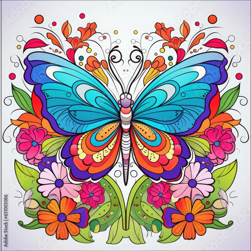 Colouring page for kids  a vibrant butterfly fluttering among colourful flowers AI Generated