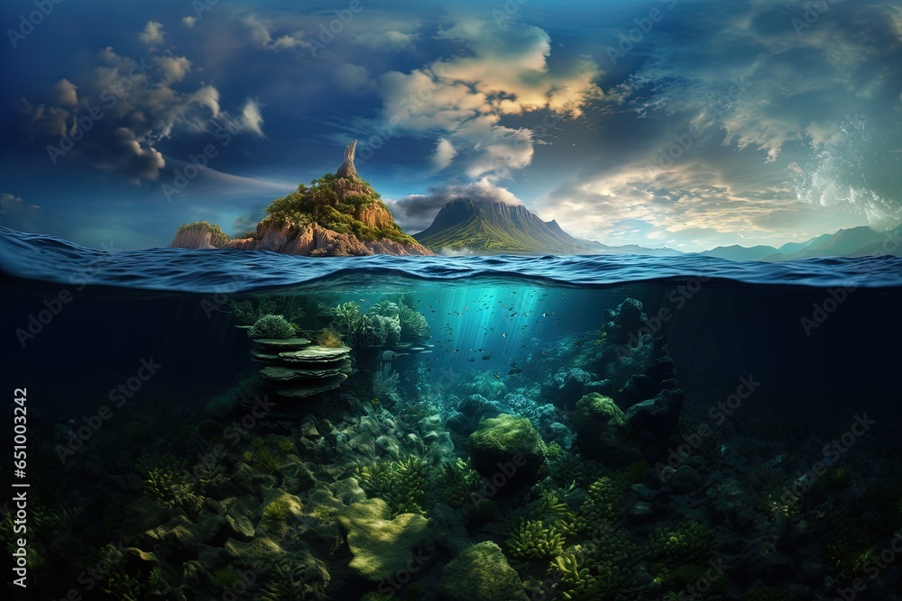 Underwater landscape with coral reef and tropical fish. 3d render.  Beautiful island in the sea.  