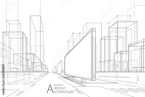 3D illustration abstract urban building black and white out-line drawing of imagination architecture building construction perspective design.
