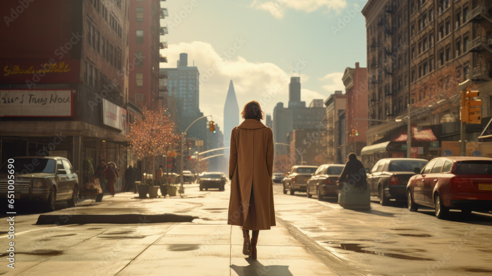 Outdoor autumn portrait of young elegant fashionable woman wearing camel color coat walking in street of European city. Copy space Outdoor autumn portrait of young elegant fashionable woman wearing camel color coat walking in street of European city. Copy space
