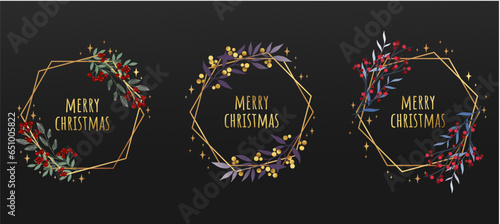 Collection of Christmas gold polygonal wreaths with branches  berries  leaves. Frames for winter design such as Christmas card  poster  invitation  banner. Black background