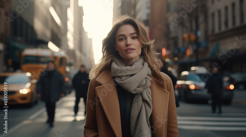 Outdoor autumn portrait of young elegant fashionable woman wearing camel color coat walking in street of European city. Copy space © Olga