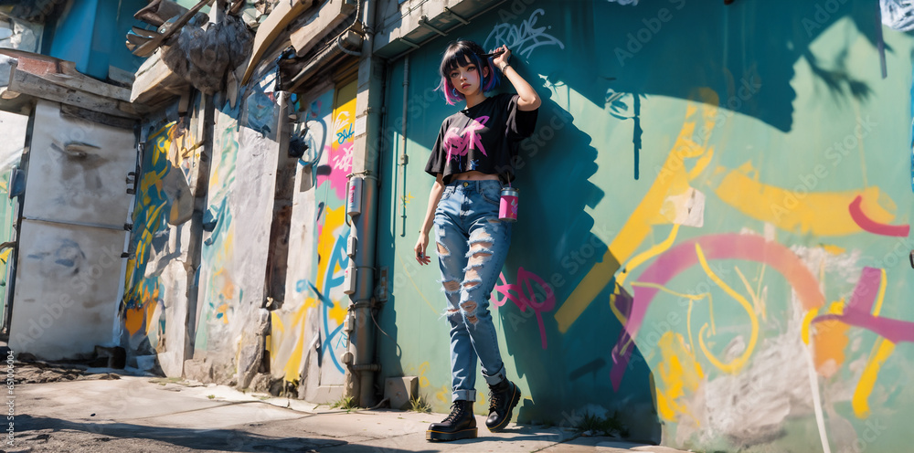 Fototapeta premium Beautiful girl posing in front of graffiti wall. Beautiful girl on the street with graffiti walls.