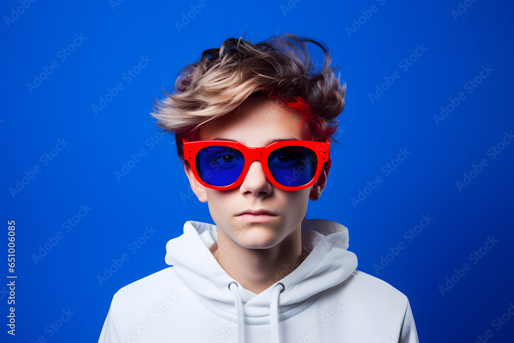 Colorful studio portrait of a cool teenager boy with age specific outfit and accessories. Bold, vibrant and minimalist. Generative AI