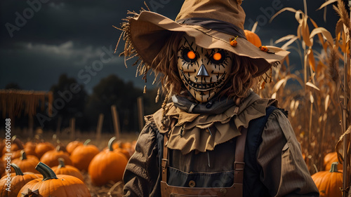 halloween scarecrow and pumpkins in the field Scary scarecrow figure with a carved pumpkin head stands amidst a field of vibrant orange pumpkins happy halloween photo