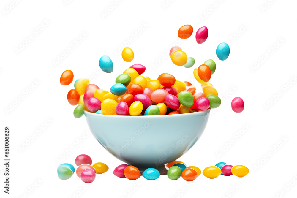 Tasty colorful candies dropping into bowl on a white background studio shot Tasty colorful candies dropping into bowl on a white background studio shot