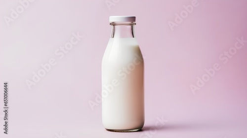 A clear glass bottle filled with non homogenized milk. Isolated against a simple background. The milk's rich, creamy texture is clearly visible, highlighting its natural, unprocessed quality. photo