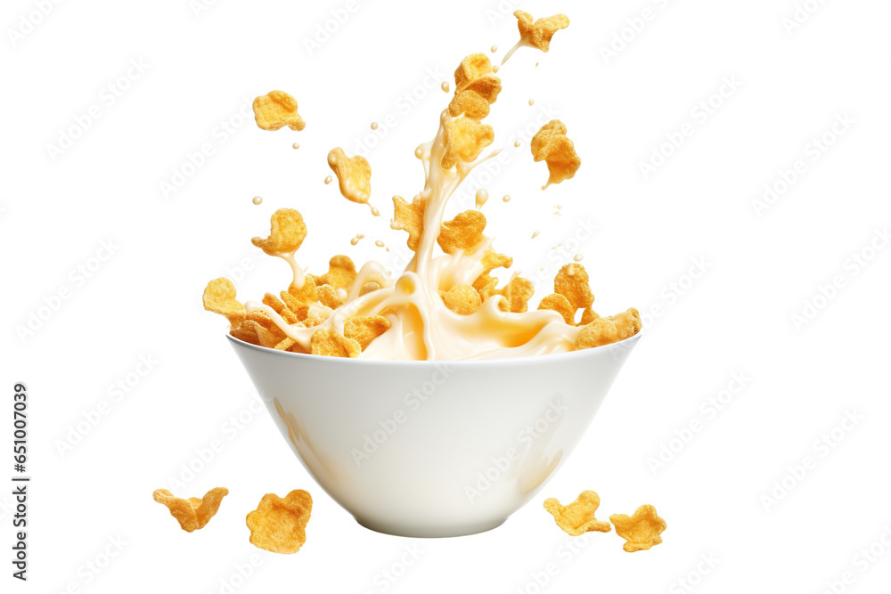 Corn flakes and milk dropping into a bowl on a white background studio shot - obrazy, fototapety, plakaty 