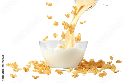 Corn flakes and milk dropping into bowl on a white background studio shot
