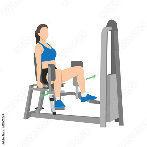 Woman doing exercise using Abductor thigh machine. Abductor workout. Flat vector illustration isolated on white background