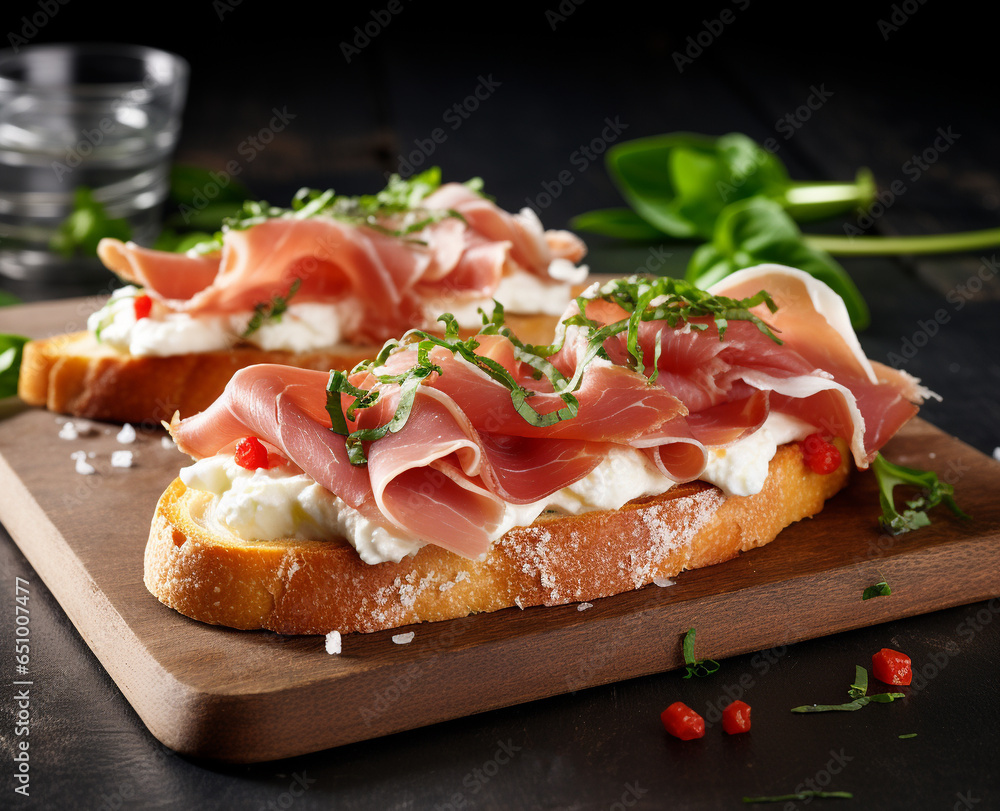 Crusty white bread sandwich with jamon serrano and basil close-up on neutral background. Crusty white bread sandwich with jamon serrano and basil close-up on neutral background.