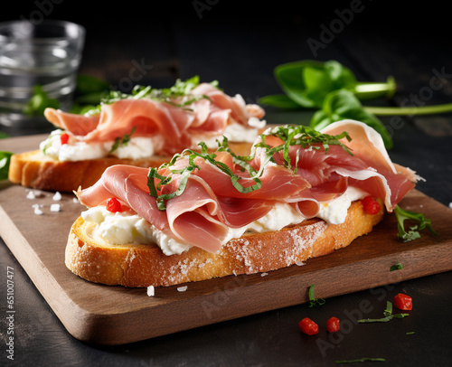 Crusty white bread sandwich with jamon serrano and basil close-up on neutral background.