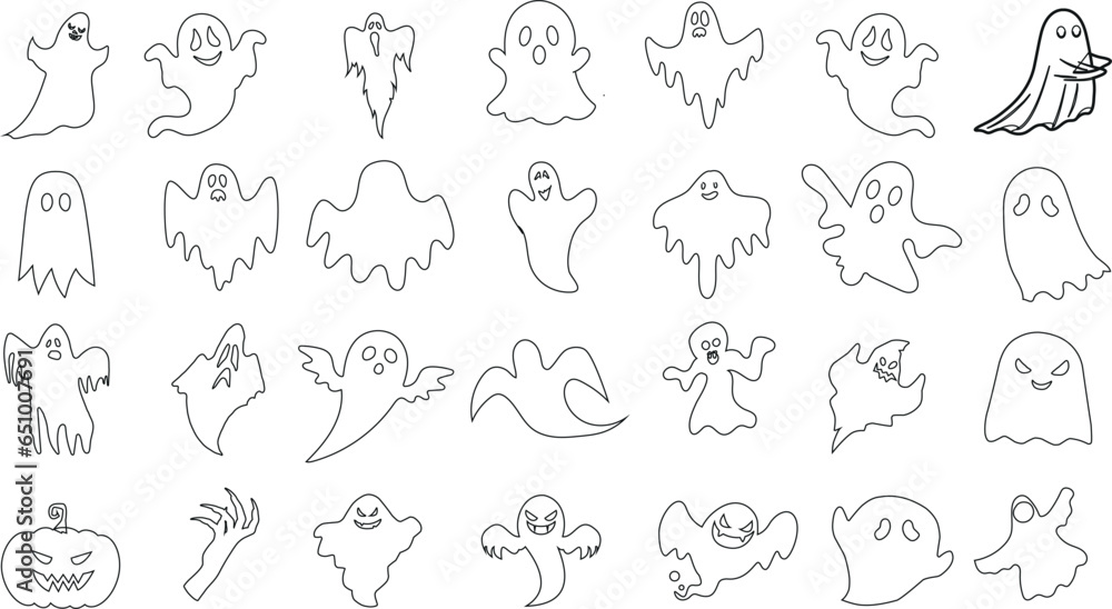 Halloween ghost line art vector illustration, black and white, spooky season, unique expressions, pumpkin, skeleton hand