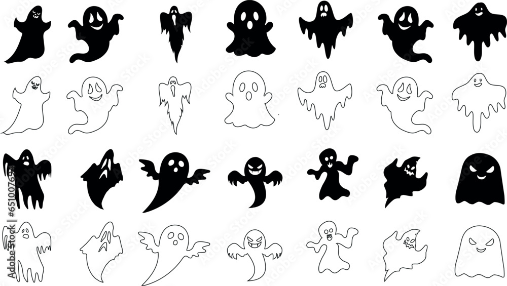 Obraz premium Ghosts Vector Illustration A playful, black and white collection of cartoon ghosts, each with a unique expression. Perfect for Halloween, kids content, or any spooky themed project.