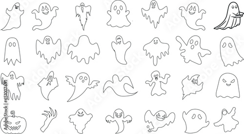 Halloween ghost line art vector illustration, black and white, spooky season, unique expressions, pumpkin, skeleton hand