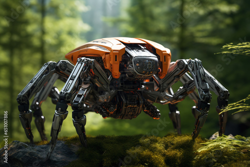 Image of tarantula gundam robot technology an ectronic in the forest. Insect. Generative AI, Illustration. © yod67