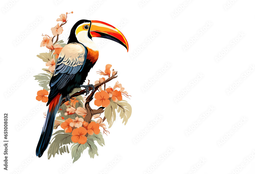 Fototapeta premium Beautiful drawing of a toucan bird perched on a branch. Birds. Wildlife Animals. Illustration, Generative AI.