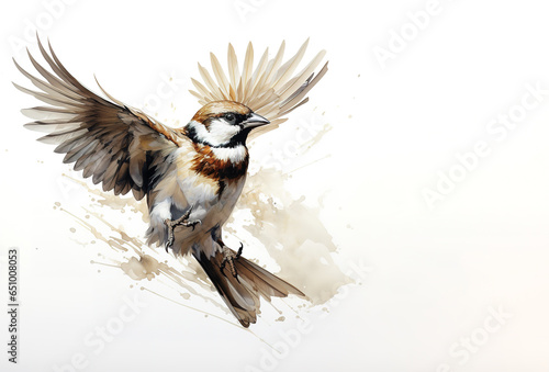 Beautiful watercolor painting of a sparrow bird spreading its wings to fly. Birds. Wildlife Animals. Illustration, Generative AI.