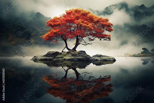 A large red tree stood on an island in the middle of the lake amidst beautiful nature. Scenery. Illustration, Generative AI.