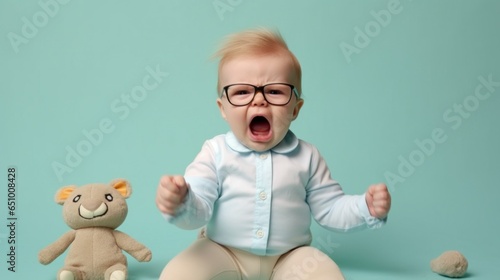 A mad little boy on a blue studio backdrop.