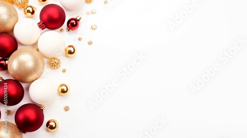 a christmas decor of red, gold and white balls with space for copy space on white background