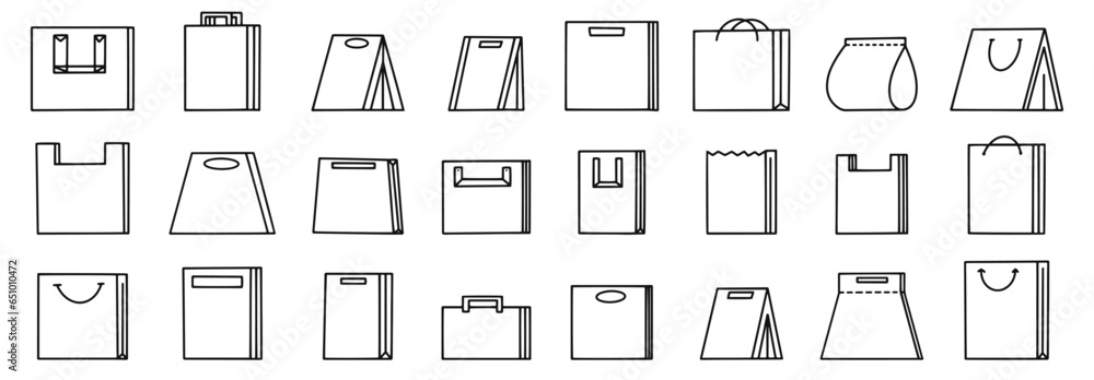 Paper bag vector icon set, line design. Shopping bag related line icon set. Paper market bag linear icons. Grocery bag outline vector signs and symbols collection.