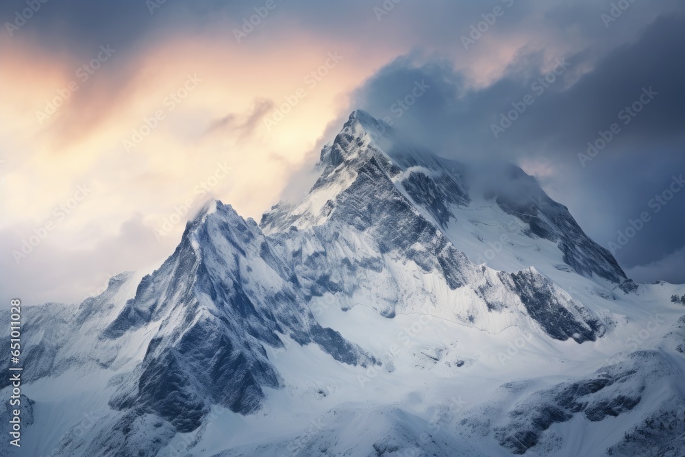 Mountain top covered with snow and shrouded in clouds at dawn