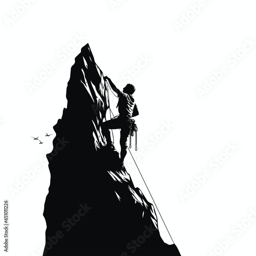 A silhouette of a climber climbing up on a rock, in the style of commission for, graphic black outlines