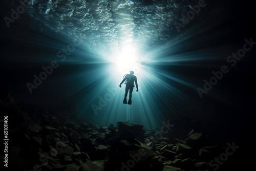 Lifestyles, sport, occupation, nature concept. Bottom scuba-diver underwater view illuminated with sunlight. Sunbeams illuminating diver black silhouette from above. Minimalist style. Generative AI