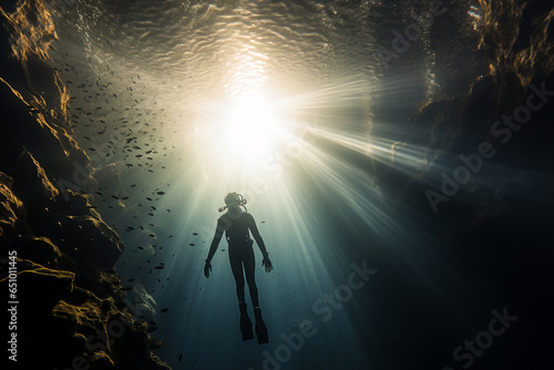 Lifestyles, sport, occupation, nature concept. Bottom scuba-diver underwater view illuminated with sunlight. Sunbeams illuminating diver black silhouette from above. Minimalist style. Generative AI