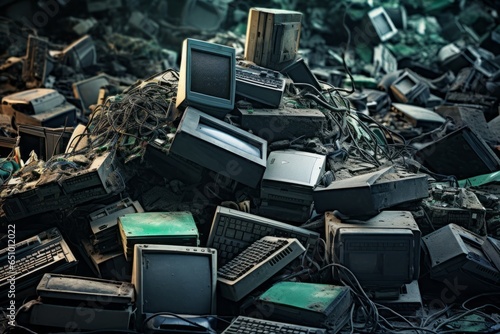 A pile of discarded electronic waste, including computers and smartphones, highlighting the problem of electronic waste disposal.