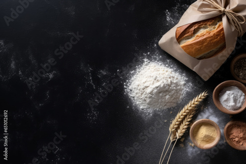 Grain sprinkled flour sits on a table next to a bowl of wheat and a bowl of oats