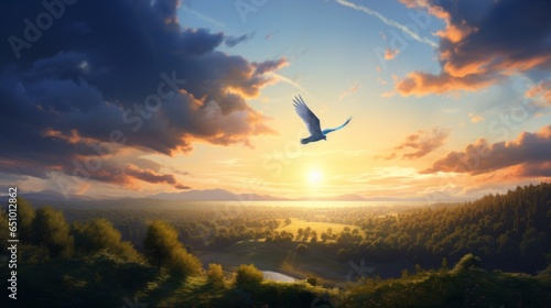 A silhouette of a dove soaring above a Ukrainian landscape. photo