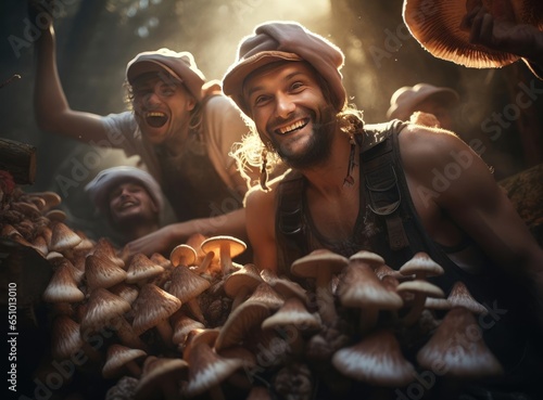 A group of mushroom pickers with mushrooms © cherezoff